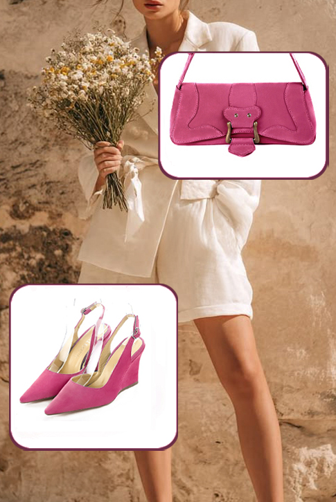 Dress slingback heels in fuchsia pink leather with high wedge heels and pointed toe - Worn view